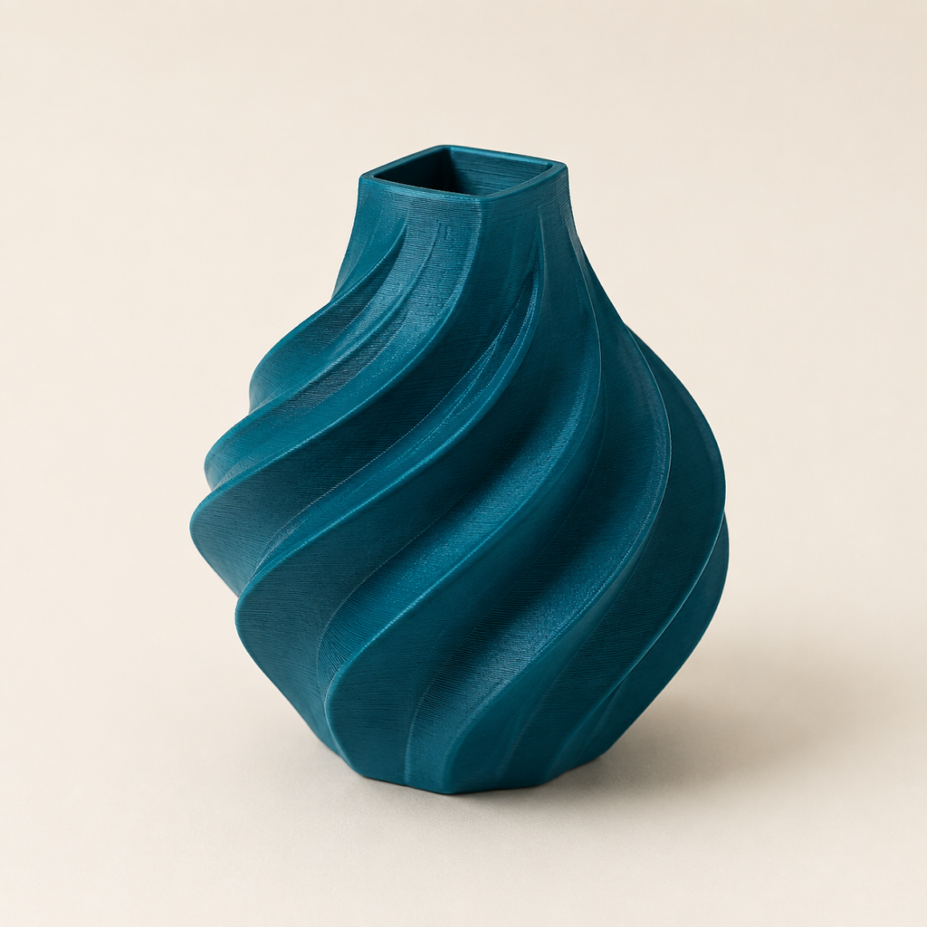 Blått dekorativt 3D-print med spiralform på lys bakgrunn